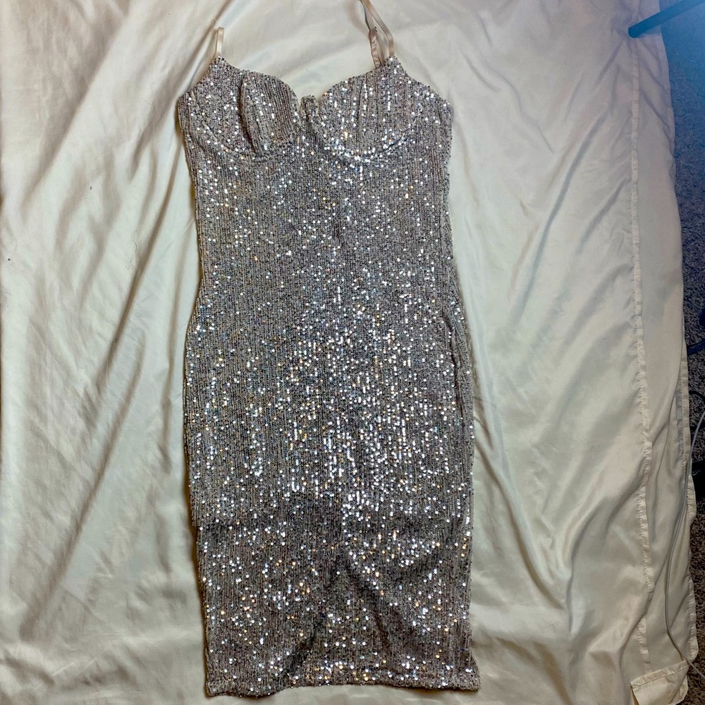 Sliver Sequin Spaghetti Strap Dress, Size L